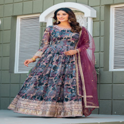 Premium Designer Floral Printed Taby Silk Readymade Gown with Net Dupatta